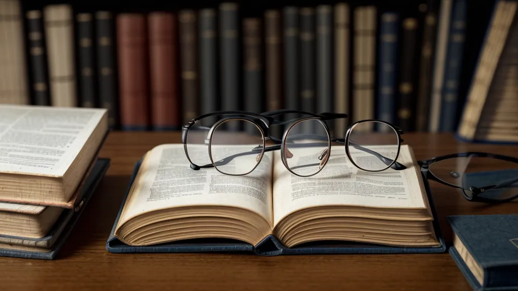 Paire de lunettes posée sur un manuel d'anglais ouvert sous la lumière d'une lampe de bureau.