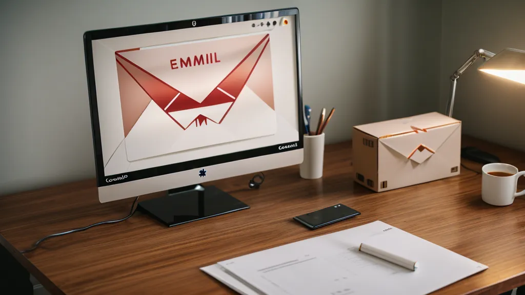 Écran d'ordinateur affichant un e-mail professionnel en anglais à côté de notes manuscrites.