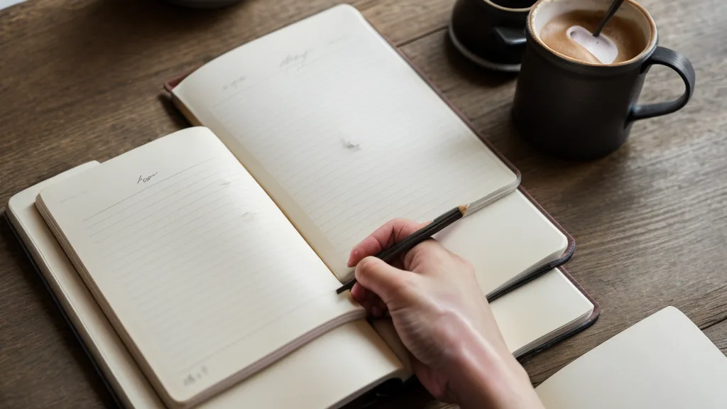Mains écrivant des phrases simples en anglais dans un carnet usé.