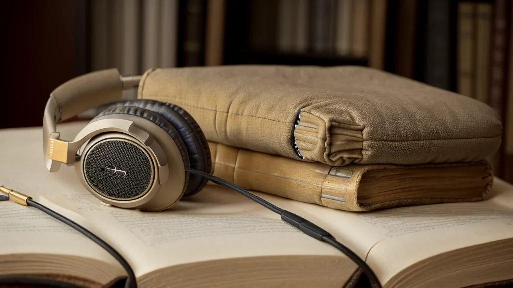 Casque audio posé sur de vieux livres d'anglais dans une cuisine éclairée par une lampe tamisée.