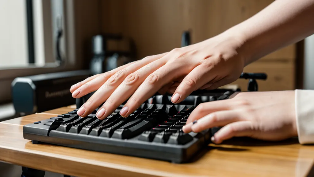 Mains travaillant sur un clavier avec une note manuscrite en anglais sur le côté.