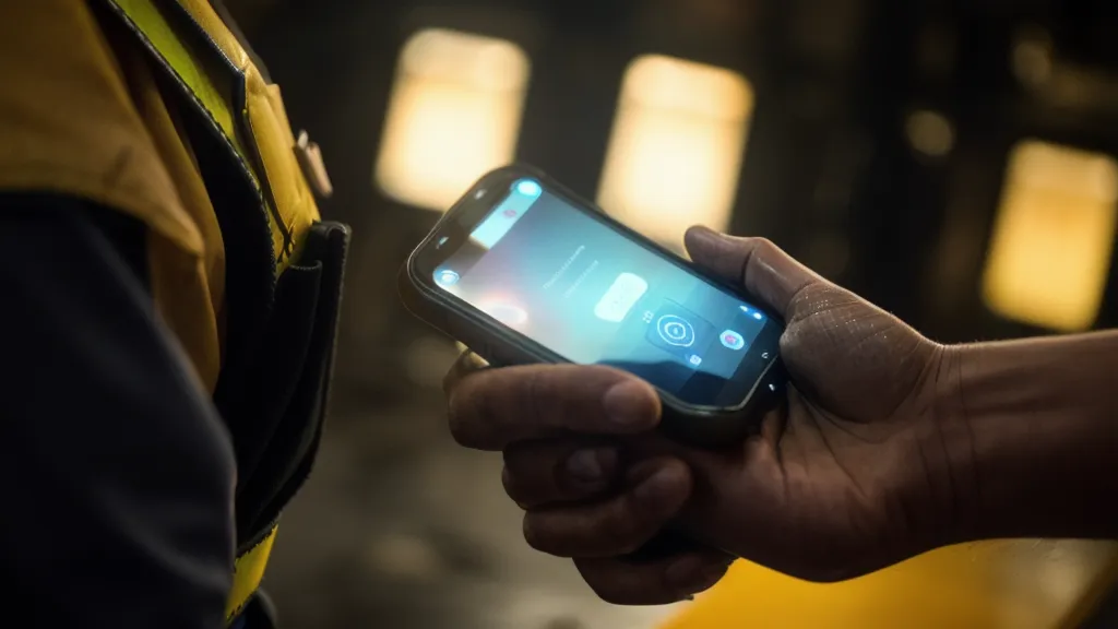 Main d'un travailleur tenant un smartphone avec une application de langue dans un entrepôt.