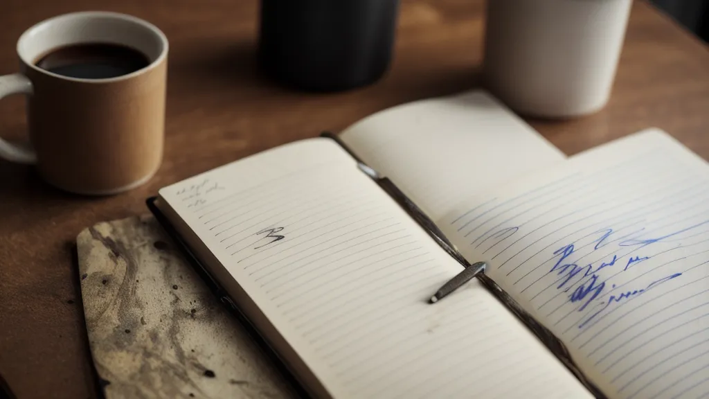 Carnet de notes avec termes logistiques et tasse de café sur une table de cuisine