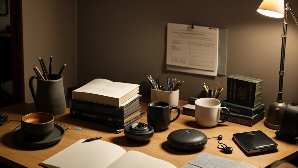 Bureau en désordre avec clavier, café et guide d'apprentissage de l'anglais sous une lampe