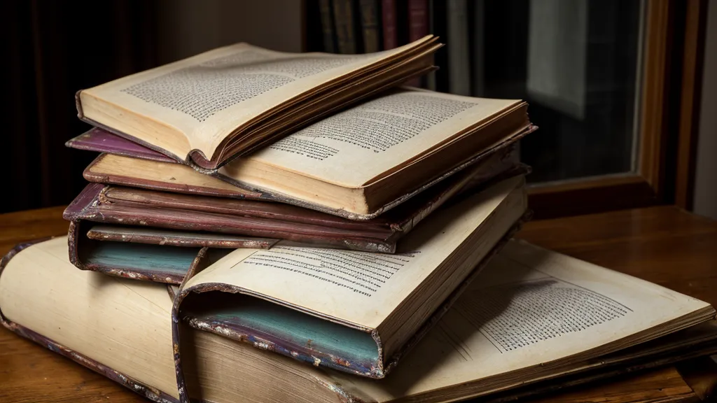 Une pile de vieux manuels d'anglais et de feuilles imprimées sur une table en bois.