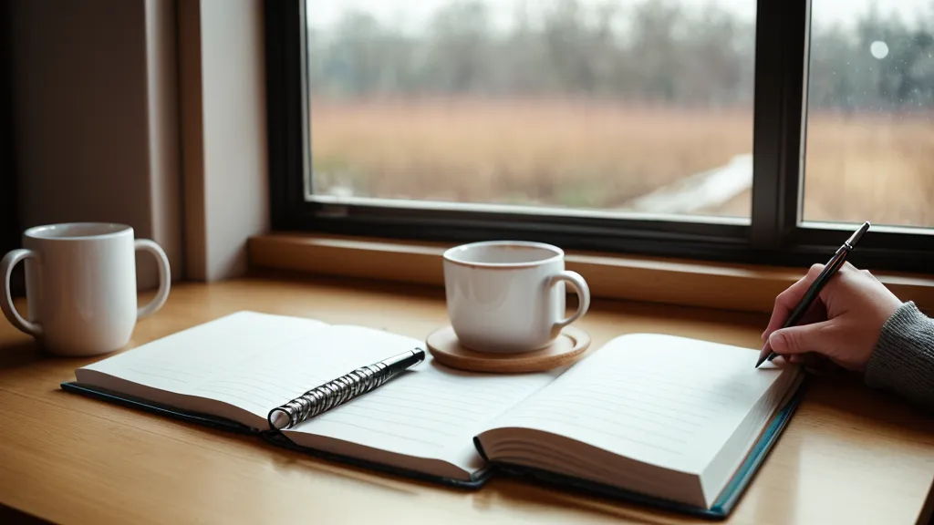 Main qui écrit un exercice d'anglais autodidacte dans un cahier au stylo, méthode structurée pour apprenant adulte