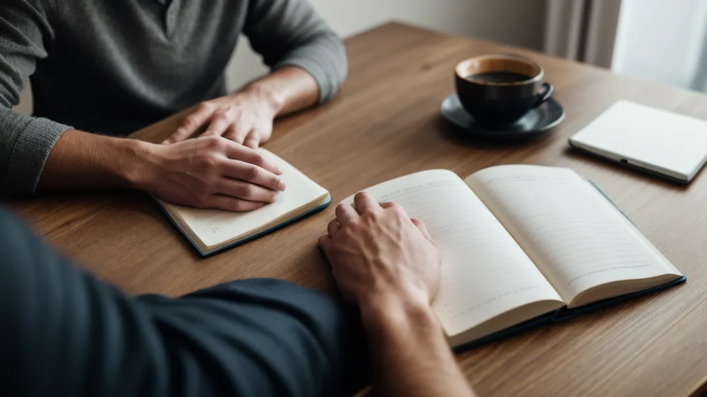 Mains d'un homme prenant des notes dans un cahier pendant une session d'anglais nocturne