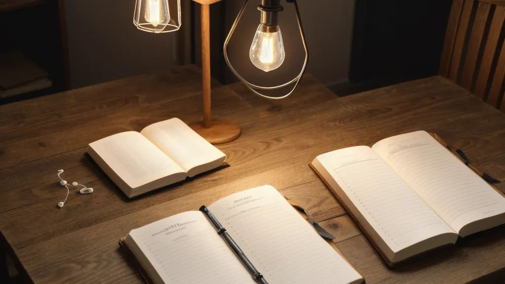 Carnet de vocabulaire logistique ouvert sur une table de cuisine la nuit.
